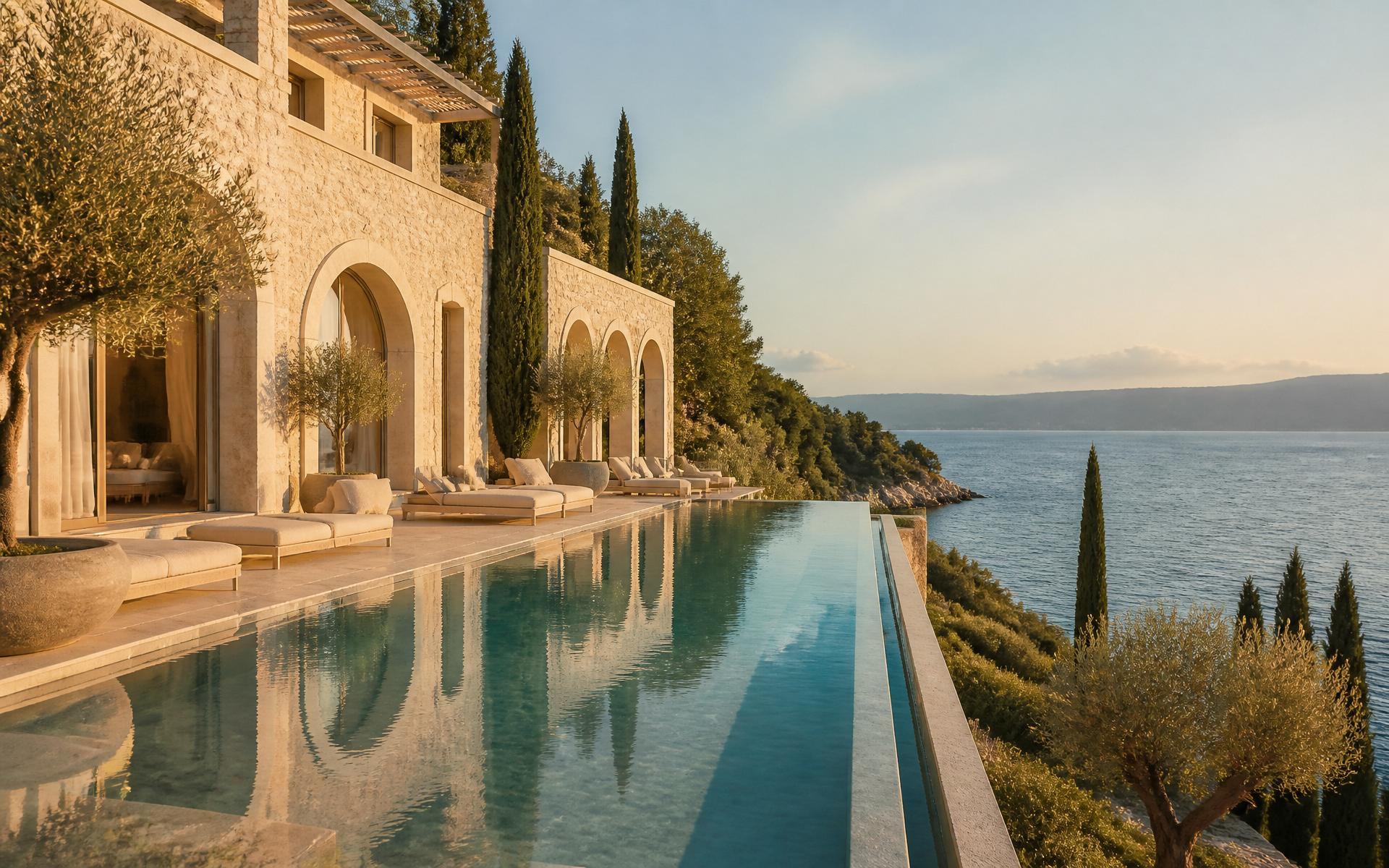 Stone villa on the Kvarner coast at golden hour, overlooking the Adriatic